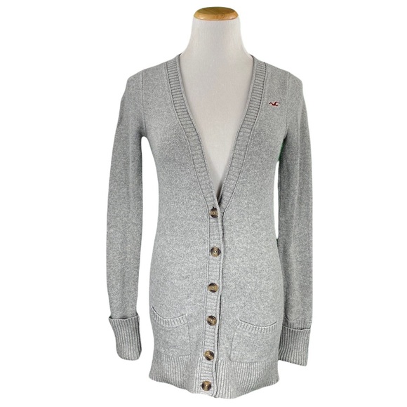Hollister Light Gray Angora Blend Long Sleeve V-Neck Button Down Knit Cardigan